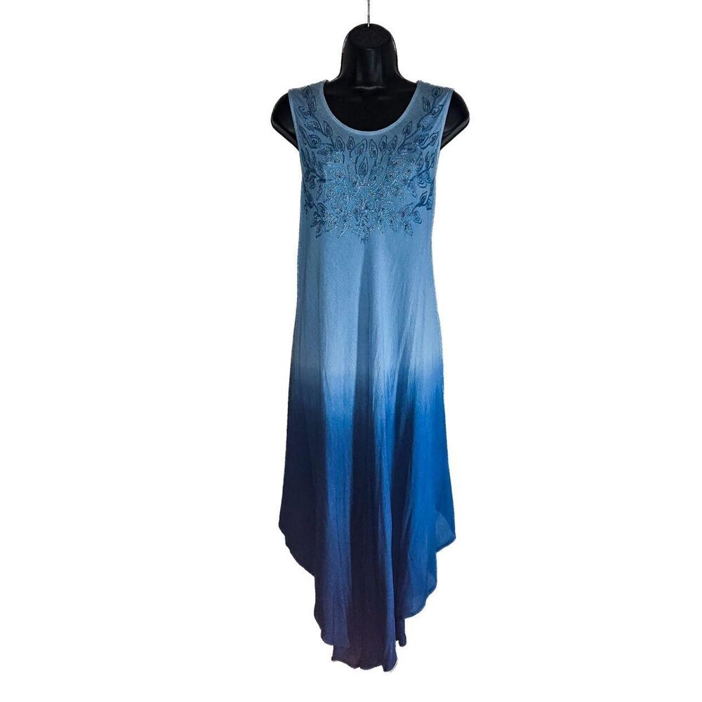 Vintage 90s Boho Chic Blue Ombre Embroidered Dress - XL